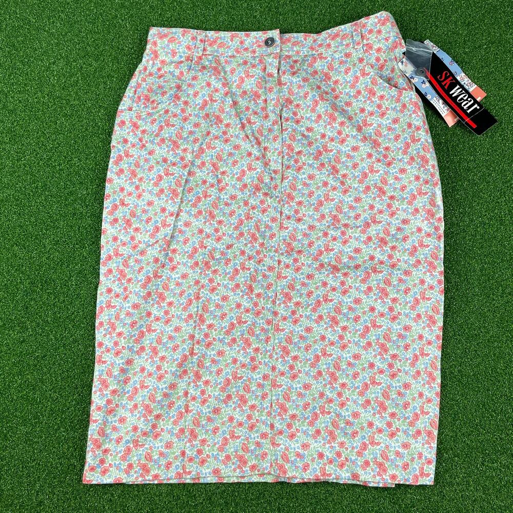 Vintage SK Wear Red Dainty Floral High Waisted Pencil Straight Skirt Sz 12